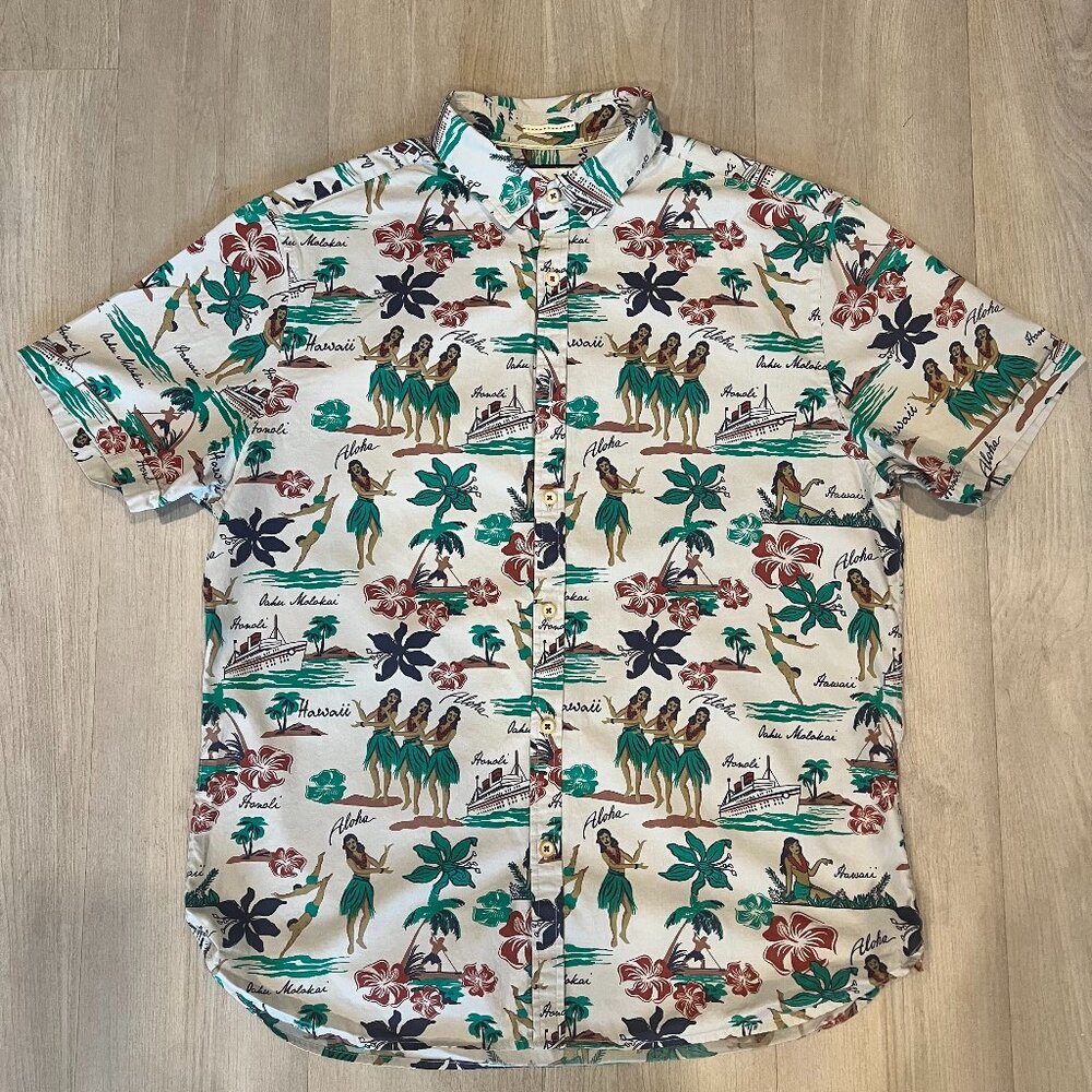 DENIM & FLOWER Ricky Singh Hula Girl Aloha Slim Fit Hawaiian Shirt Sz L